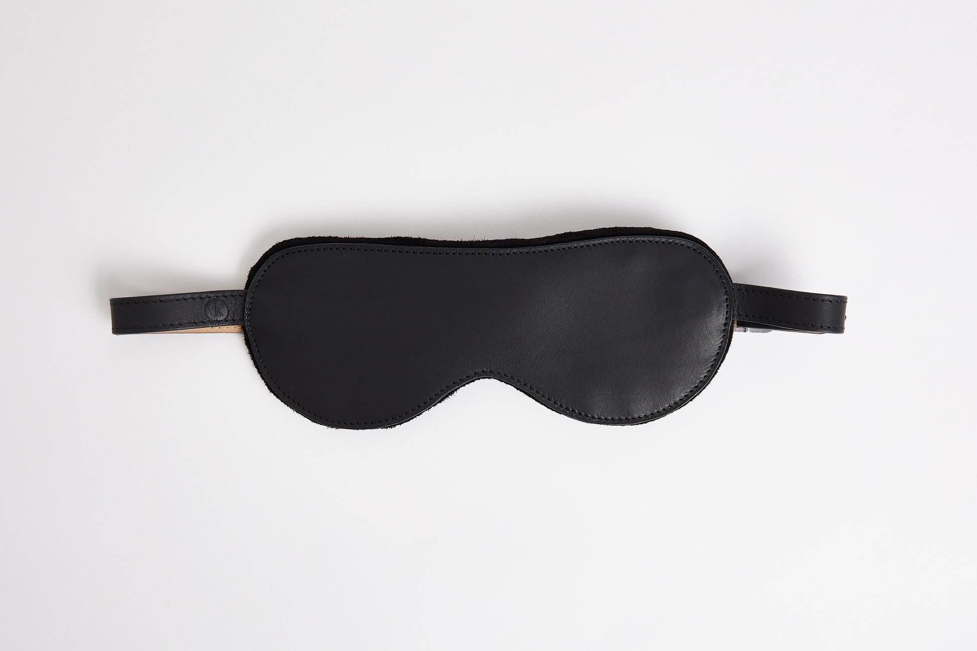 Luxury italian leather black blindfold with suede padding and buckle fastening